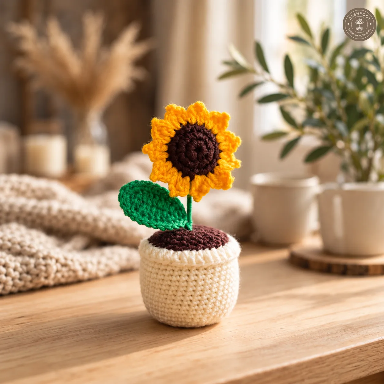 Handmade Crochet Sunflower Pot – 6 Inch Decorative Flower | Premium Home & Office Desk Decor | Unique Handmade Gift for Birthday, Anniversary & Housewarming