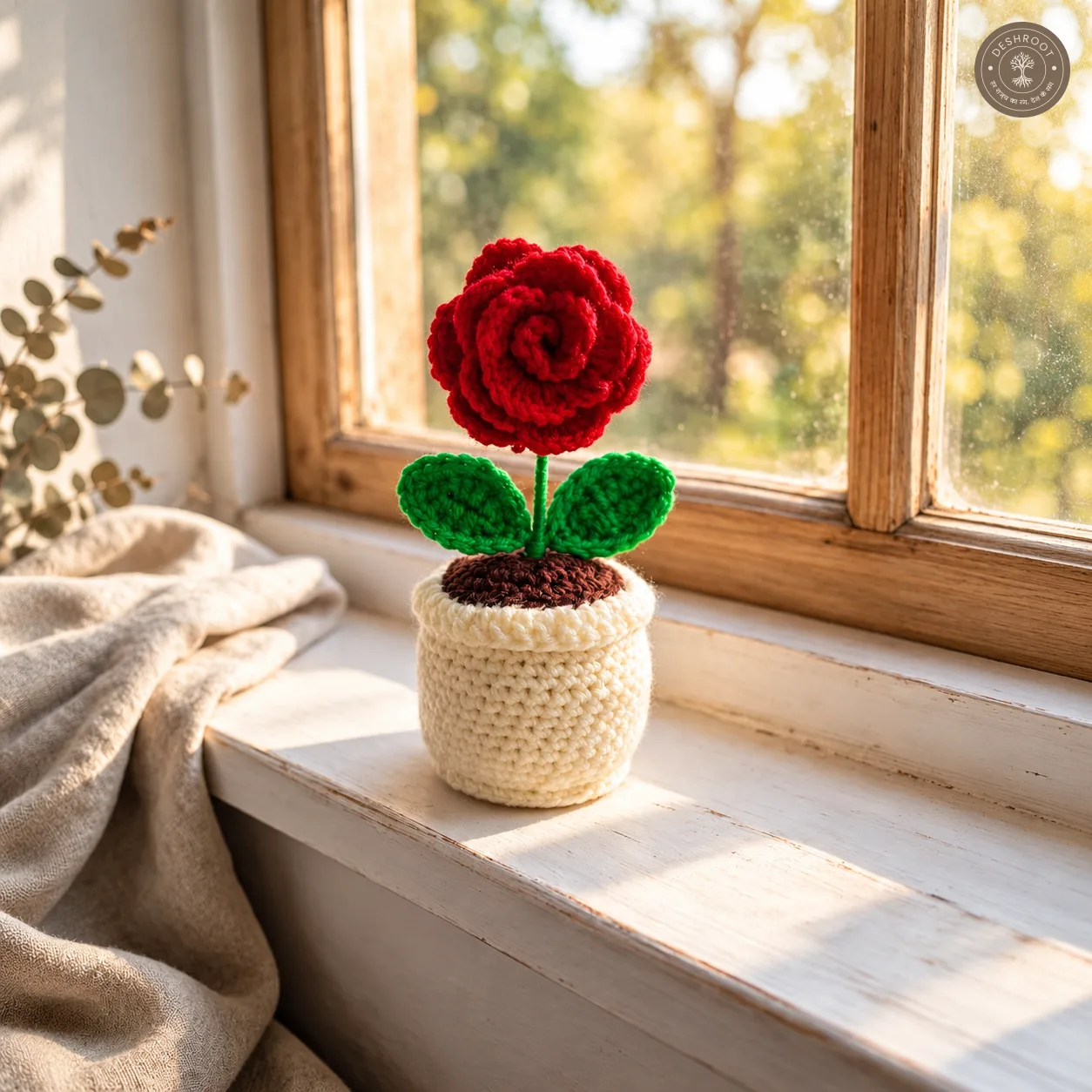 Handmade Crochet Rose Flower Pot – 6 Inch Decorative Rose Plant | Premium Home & Office Desk Decor | Unique Gift for Birthday, Anniversary & Mother's Day