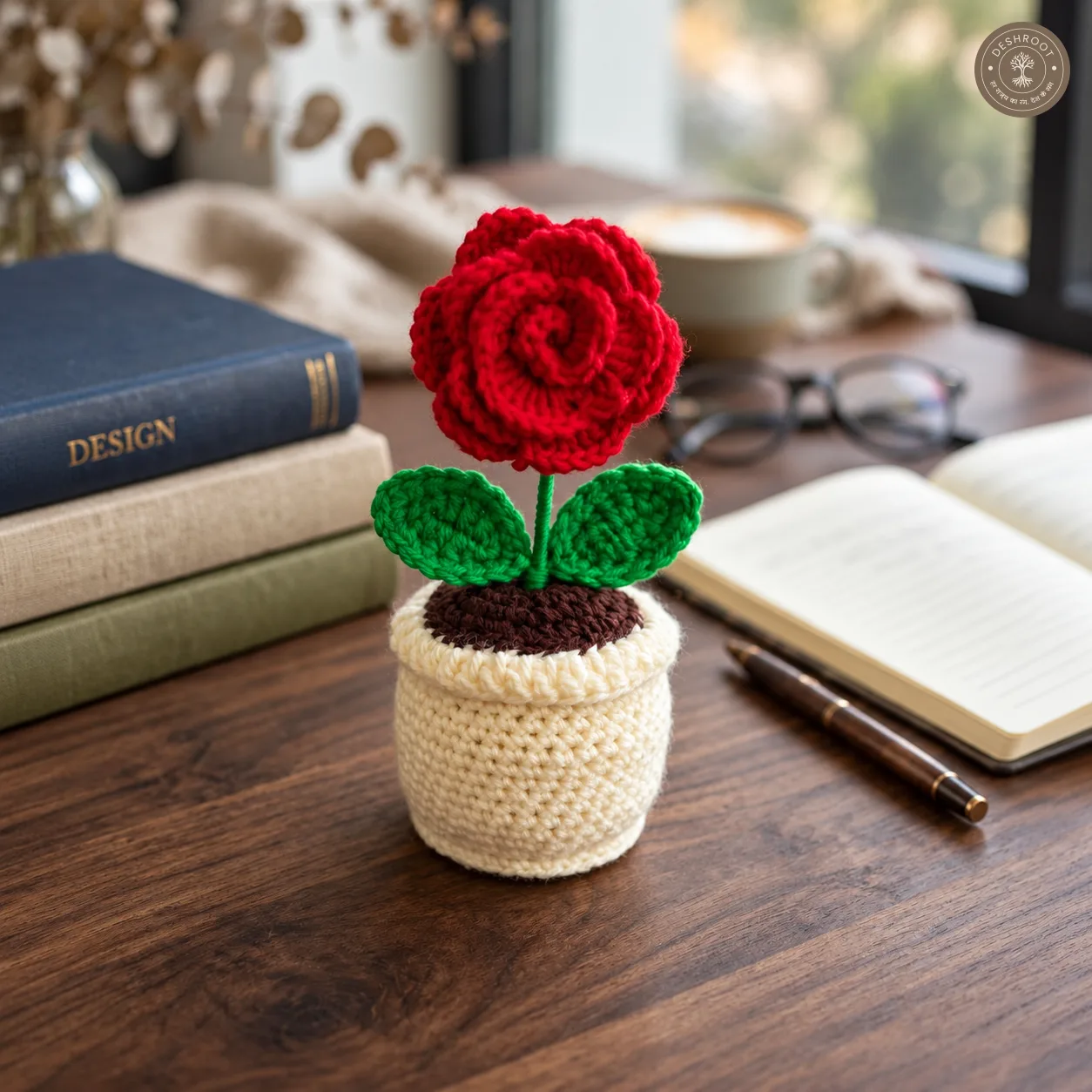 Handmade Crochet Rose Flower Pot – 6 Inch Decorative Rose Plant | Premium Home & Office Desk Decor | Unique Gift for Birthday, Anniversary & Mother's Day