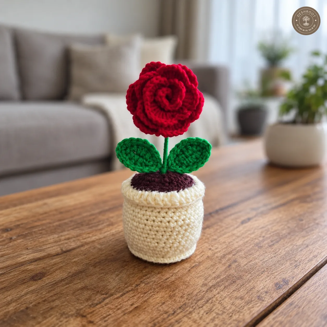 Handmade Crochet Rose Flower Pot – 6 Inch Decorative Rose Plant | Premium Home & Office Desk Decor | Unique Gift for Birthday, Anniversary & Mother's Day