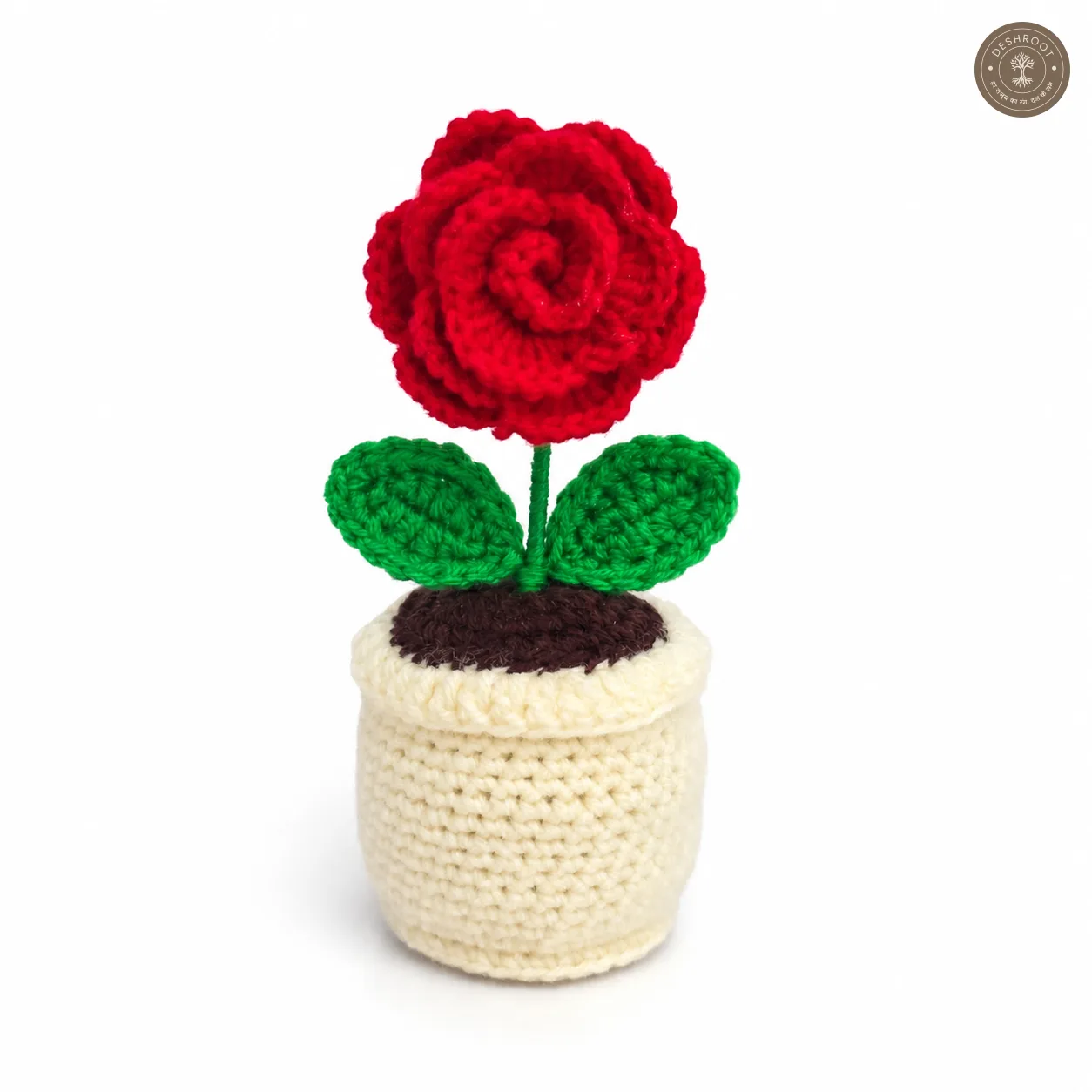 Handmade Crochet Rose Flower Pot – 6 Inch Decorative Rose Plant | Premium Home & Office Desk Decor | Unique Gift for Birthday, Anniversary & Mother's Day