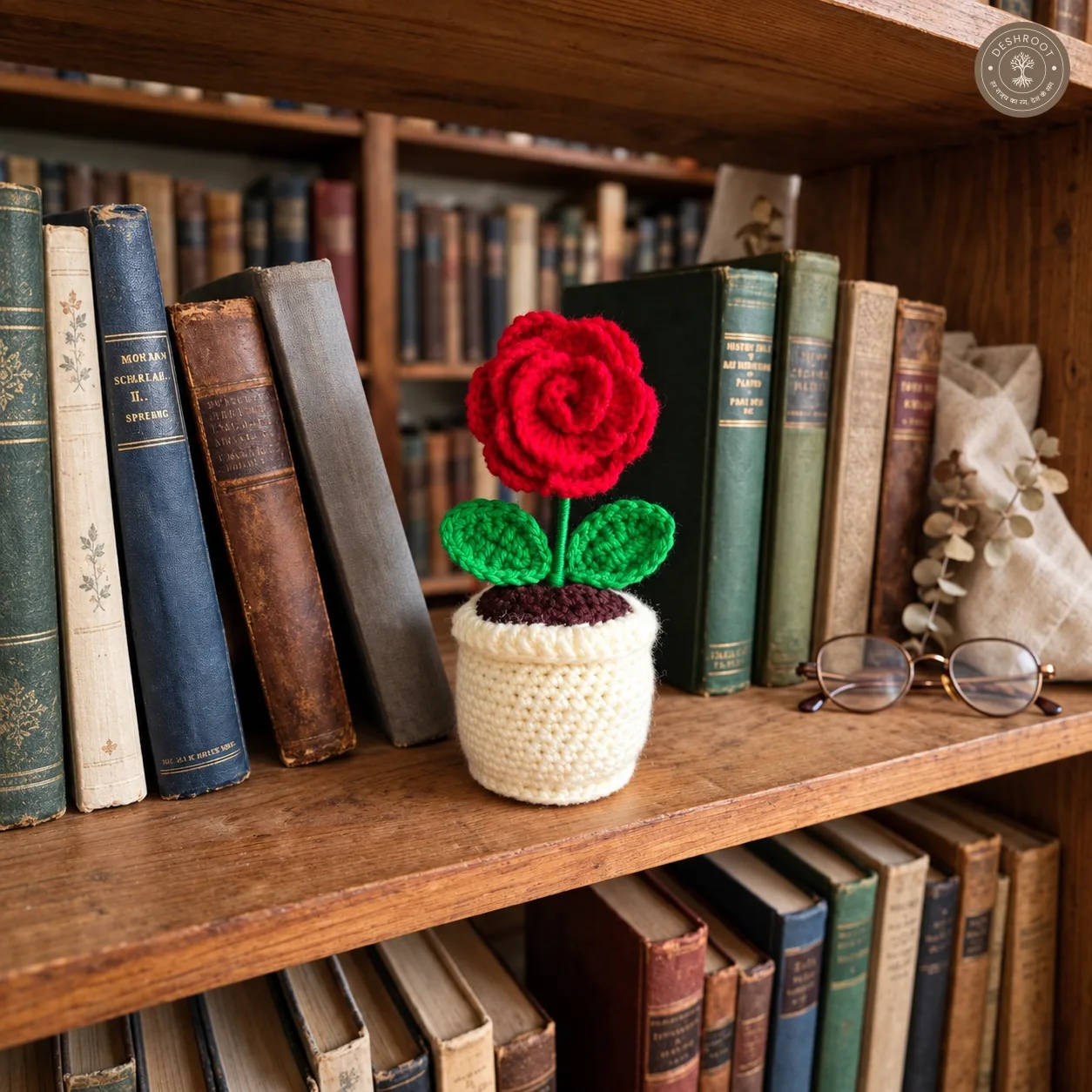 Handmade Crochet Rose Flower Pot – 6 Inch Decorative Rose Plant | Premium Home & Office Desk Decor | Unique Gift for Birthday, Anniversary & Mother's Day