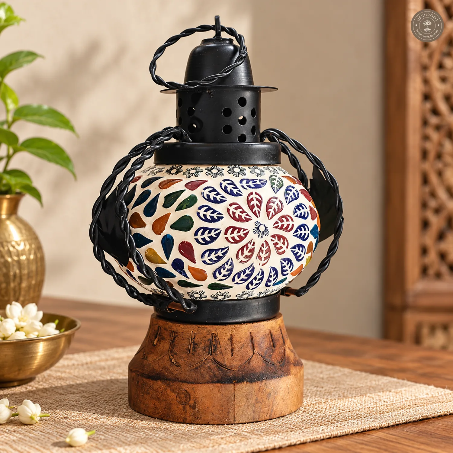 Handcrafted Jaipur Blue Pottery Mosaic Table Lantern