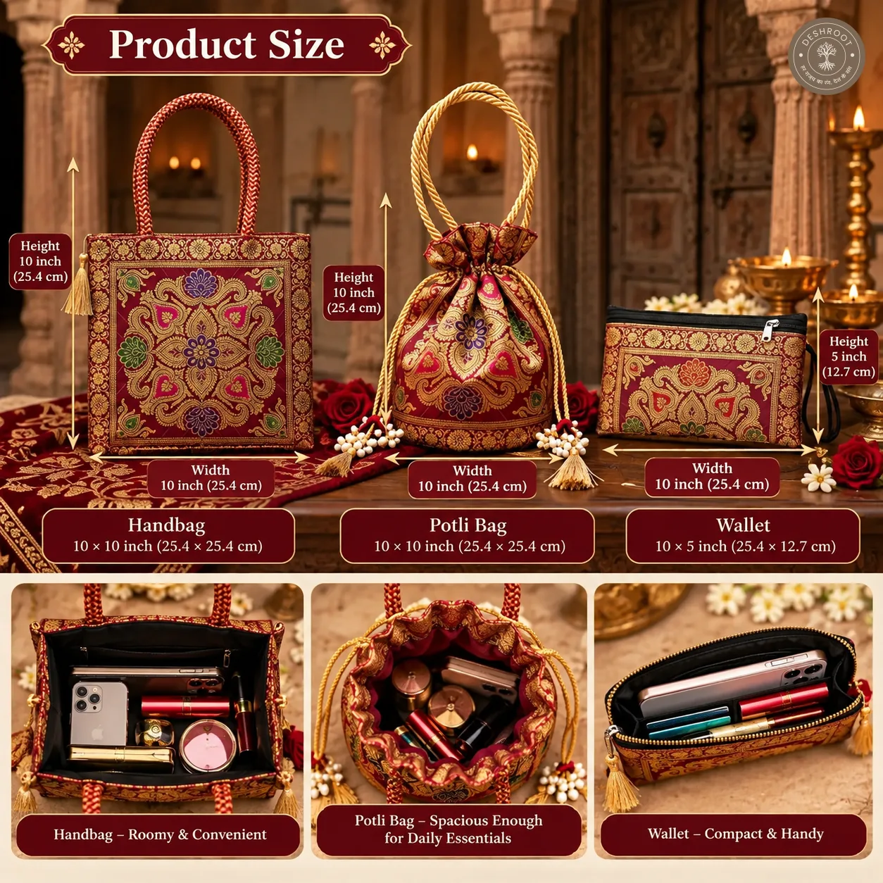 Maroon Potli Bag Set- Potli, Wallet and Handbag