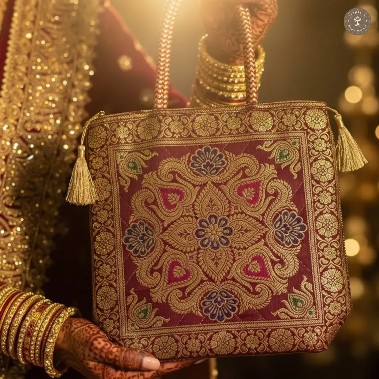 Maroon Potli Bag Set- Potli, Wallet and Handbag