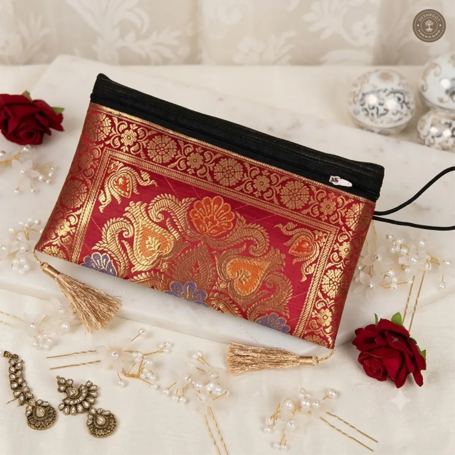 Maroon Potli Bag Set- Potli, Wallet and Handbag