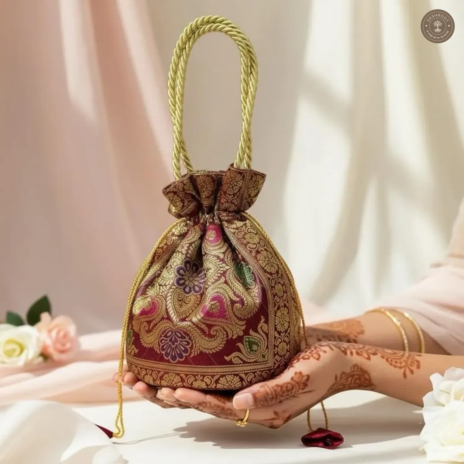 Maroon Potli Bag Set- Potli, Wallet and Handbag
