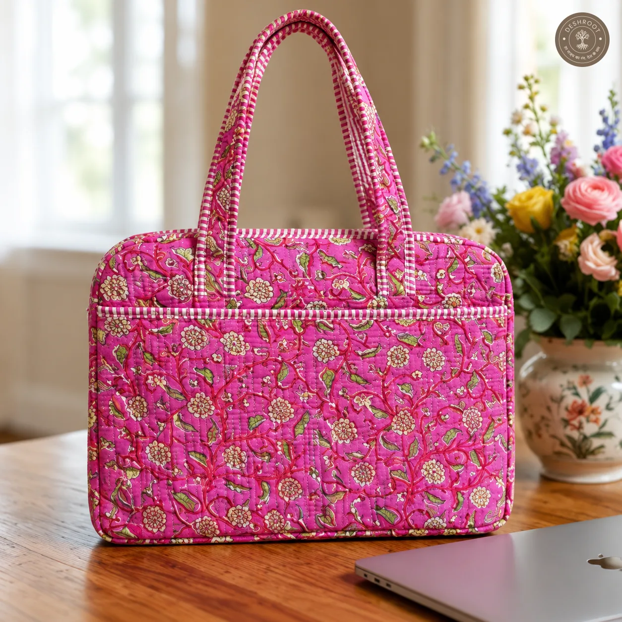 Royal Pink Floral Quilted Laptop Bag – Handcrafted Cotton Laptop Bag