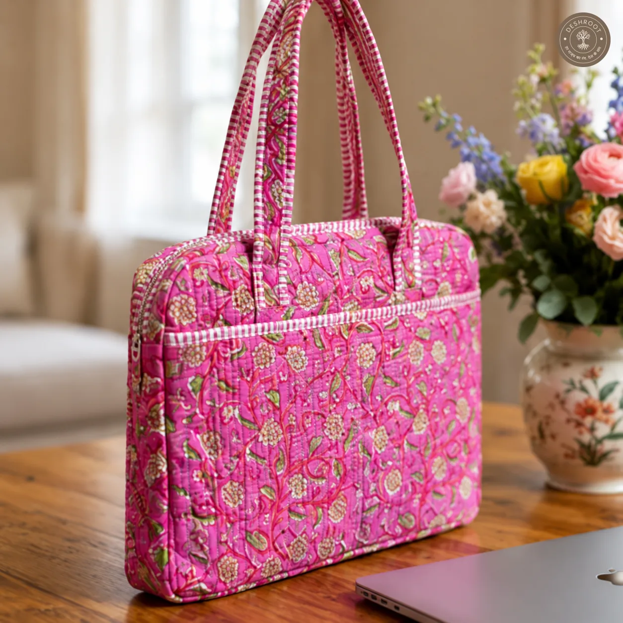 Royal Pink Floral Quilted Laptop Bag – Handcrafted Cotton Laptop Bag