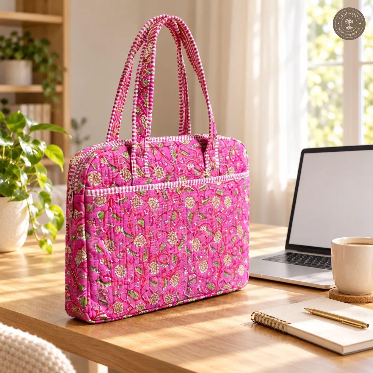 Royal Pink Floral Quilted Laptop Bag – Handcrafted Cotton Laptop Bag