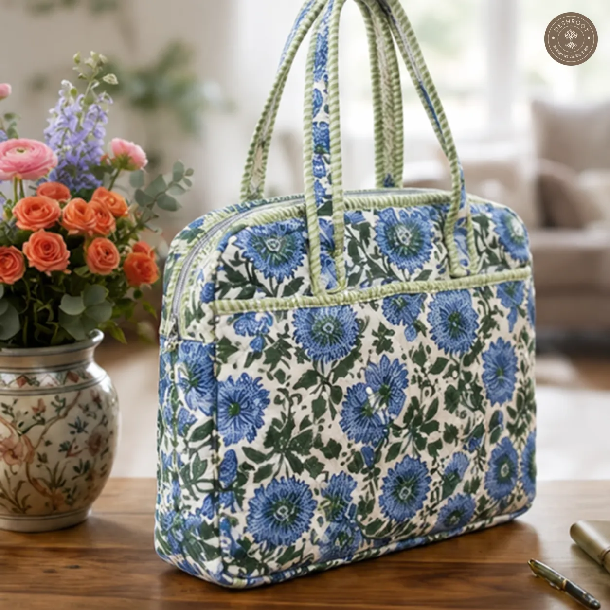 Blue Garden Quilted Laptop Bag – Handcrafted Floral Cotton Laptop Bag