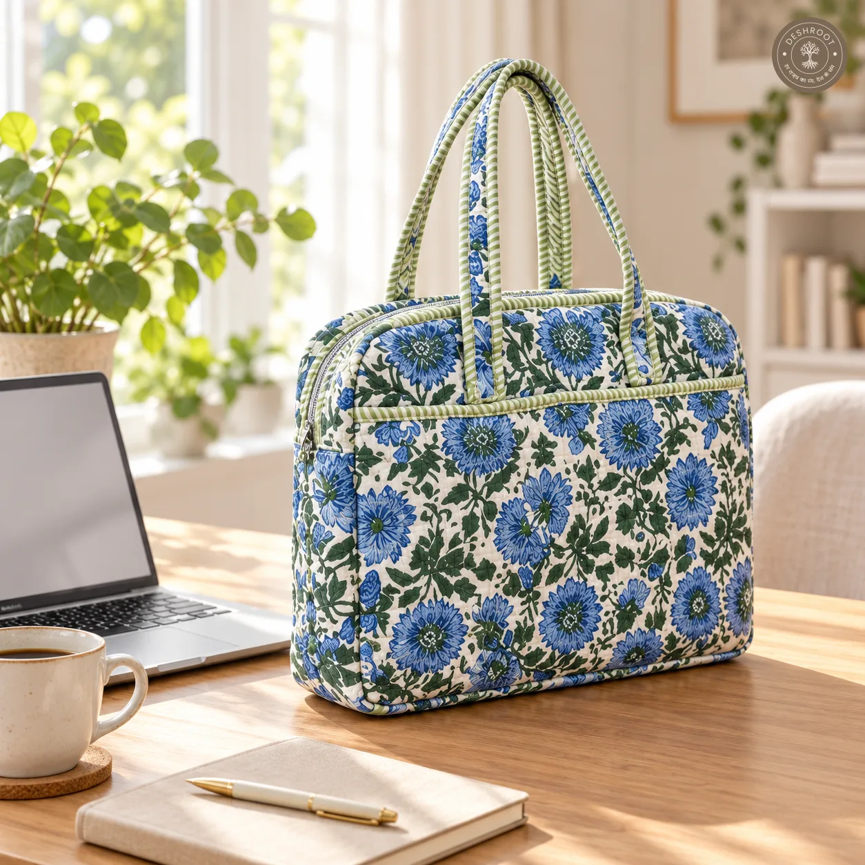 Blue Garden Quilted Laptop Bag – Handcrafted Floral Cotton Laptop Bag