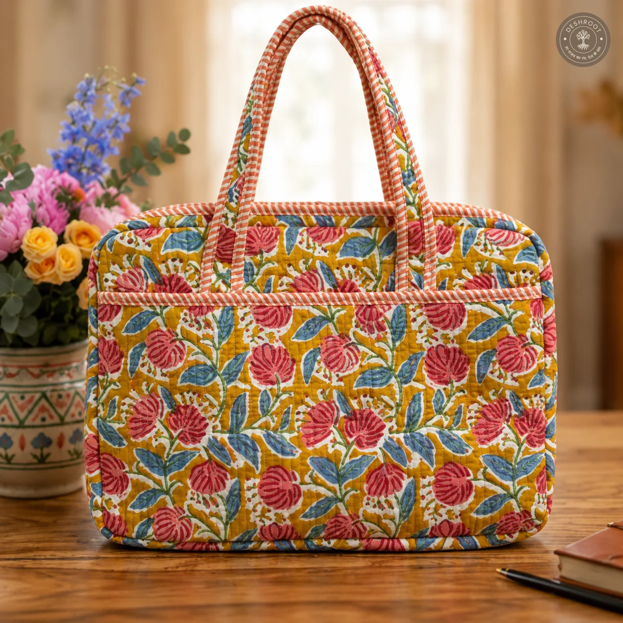 Mustard Floral Quilted Laptop Bag – Handcrafted Cotton Laptop Bag