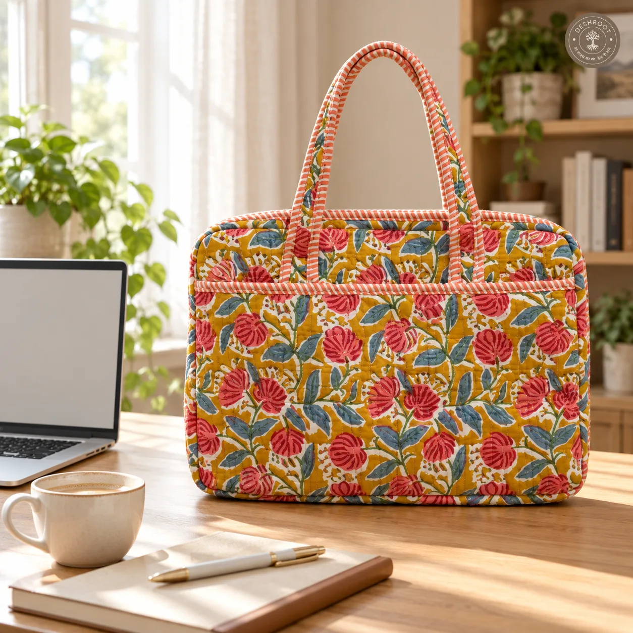 Mustard Floral Quilted Laptop Bag – Handcrafted Cotton Laptop Bag