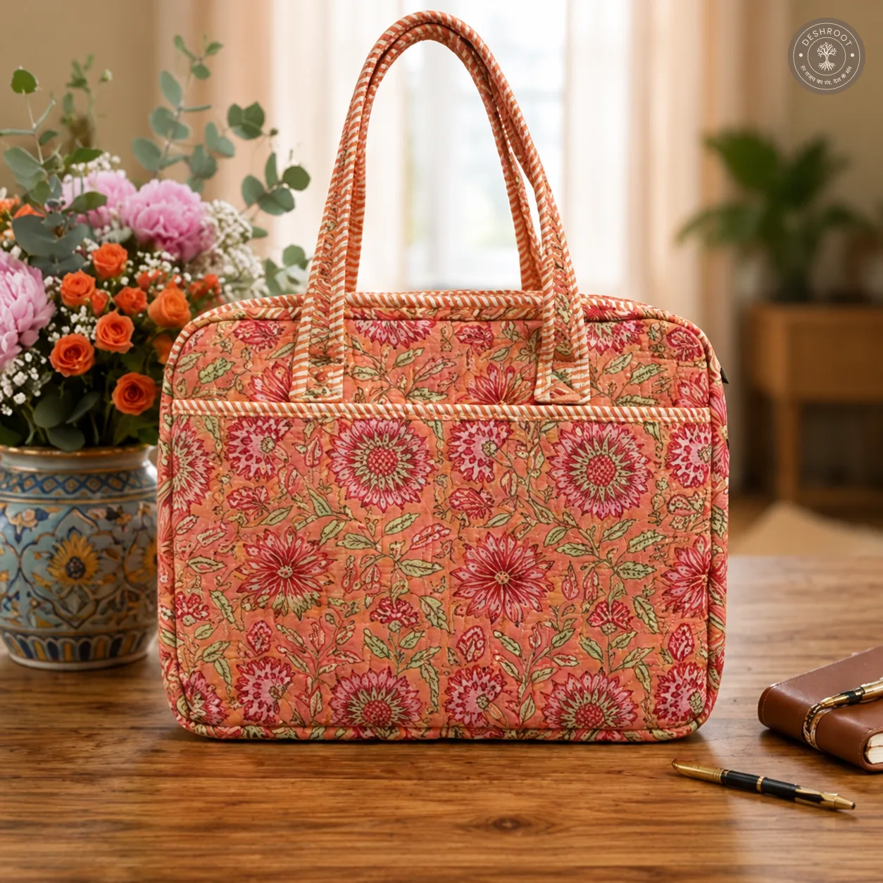 Peach Blossom Quilted Laptop Bag – Handcrafted Floral Cotton Laptop Bag