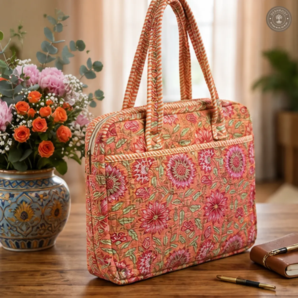 Peach Blossom Quilted Laptop Bag – Handcrafted Floral Cotton Laptop Bag