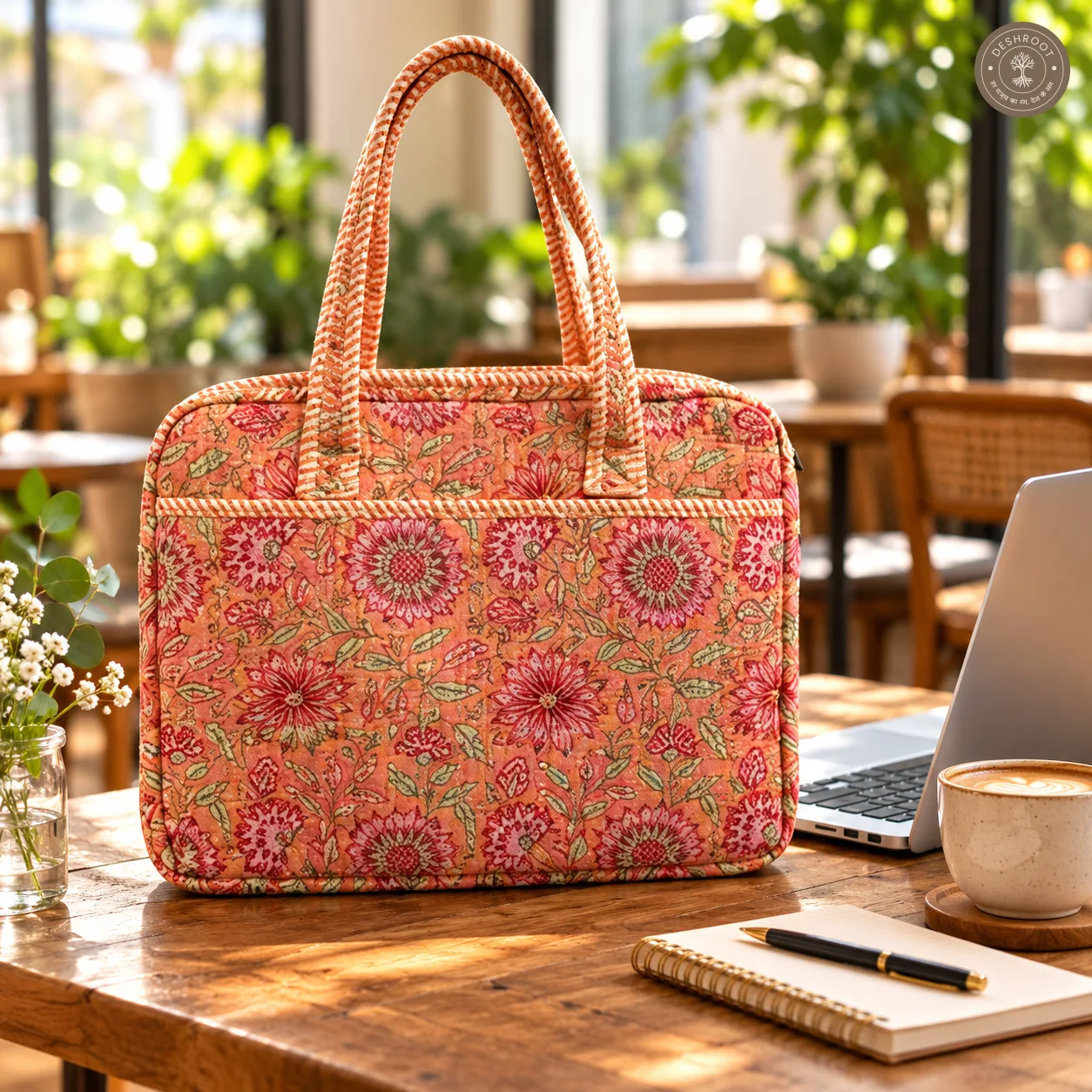Peach Blossom Quilted Laptop Bag – Handcrafted Floral Cotton Laptop Bag