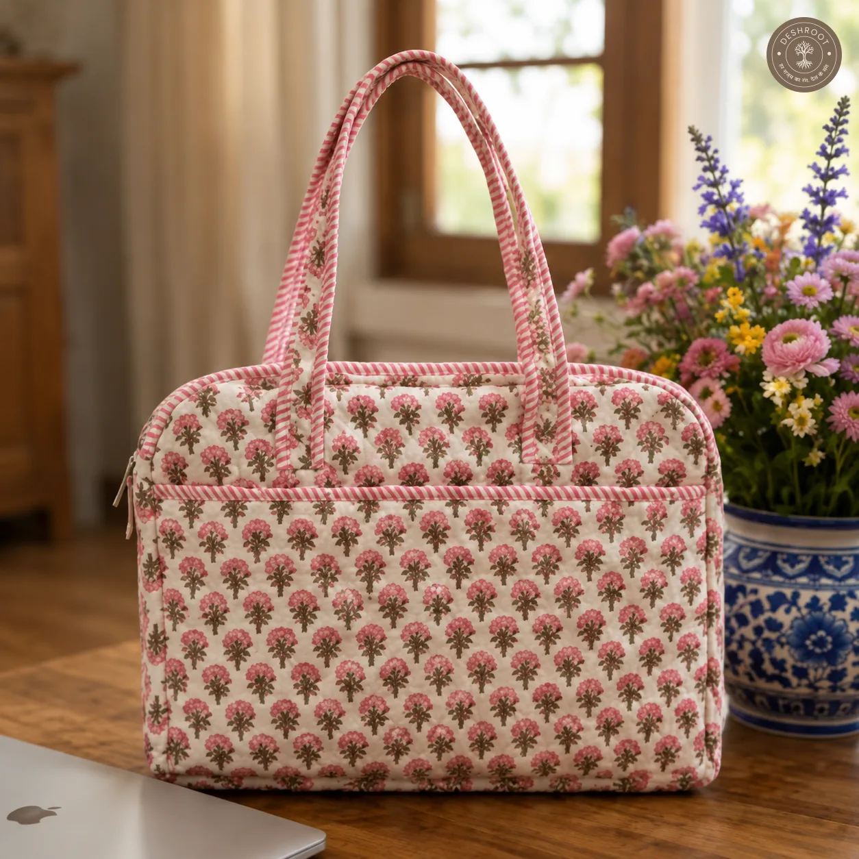 Mini Floral Quilted Laptop Bag – Handcrafted Cotton Laptop Bag