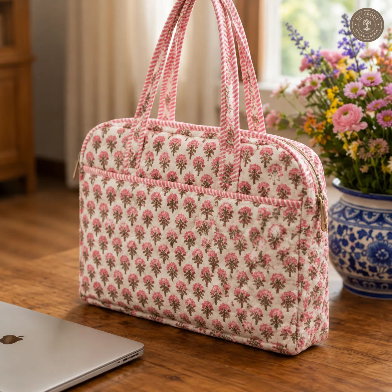 Mini Floral Quilted Laptop Bag – Handcrafted Cotton Laptop Bag