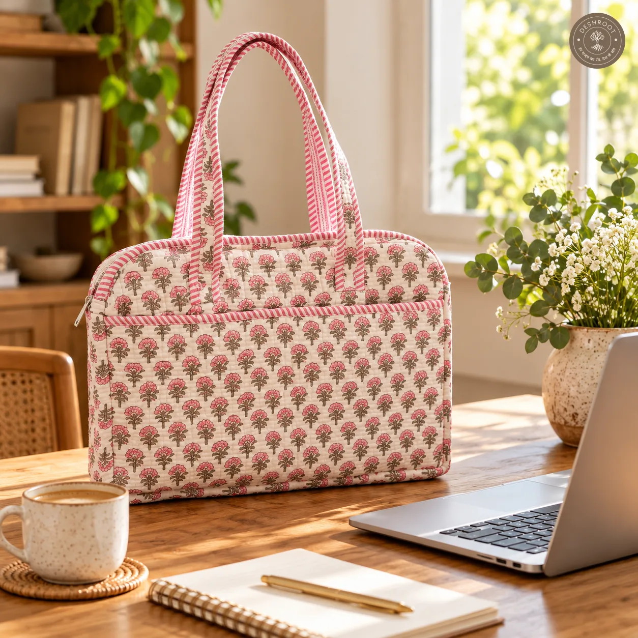 Mini Floral Quilted Laptop Bag – Handcrafted Cotton Laptop Bag