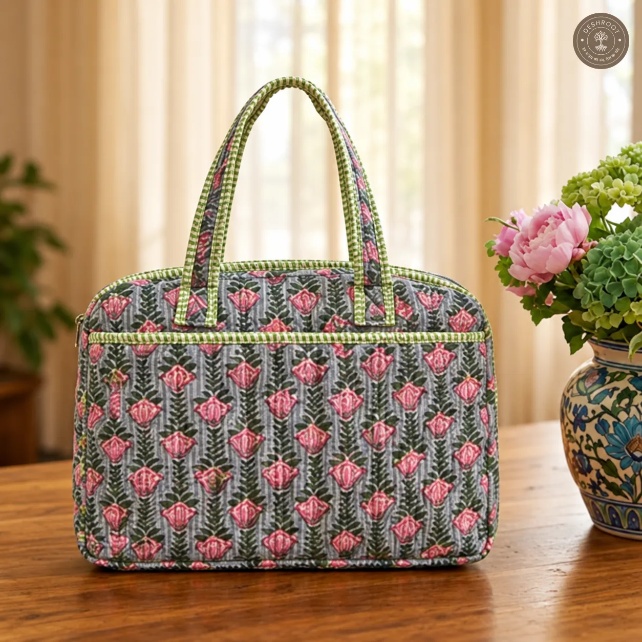 Tulip Garden Quilted Laptop Bag – Handcrafted Floral Cotton Laptop Bag