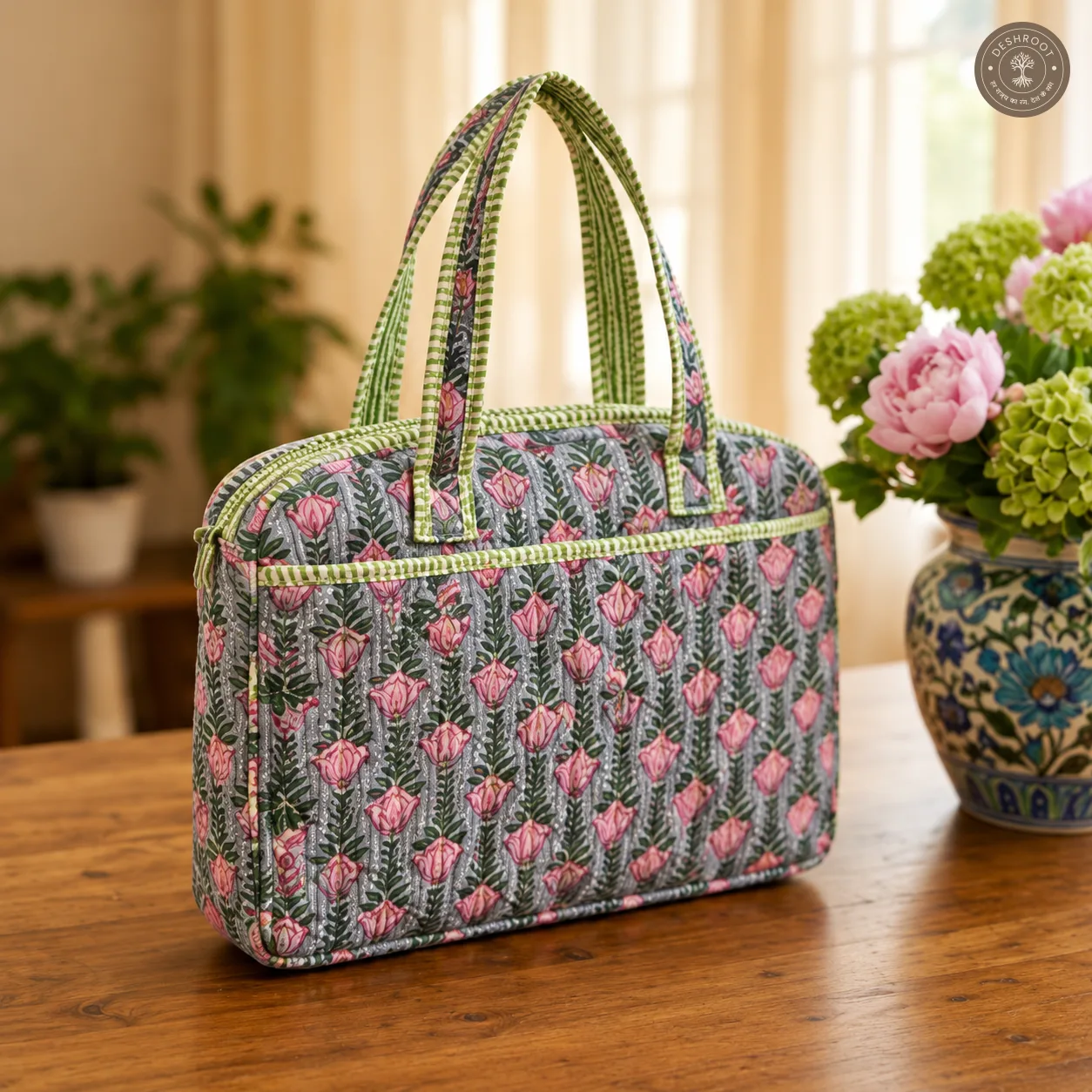 Tulip Garden Quilted Laptop Bag – Handcrafted Floral Cotton Laptop Bag