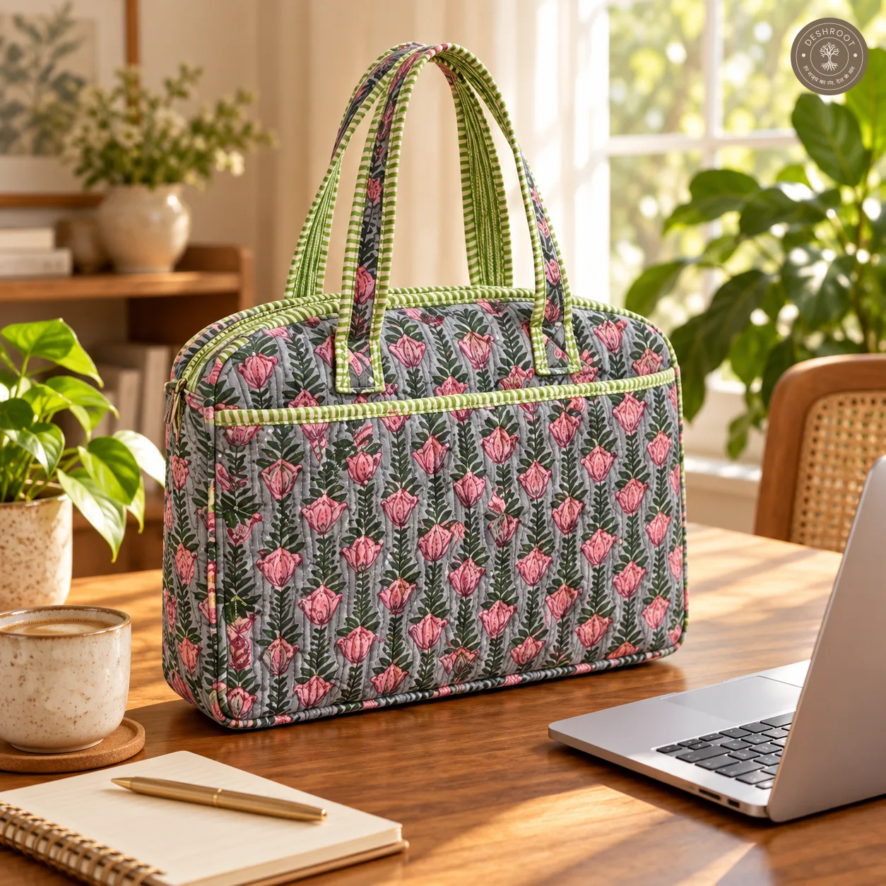 Tulip Garden Quilted Laptop Bag – Handcrafted Floral Cotton Laptop Bag