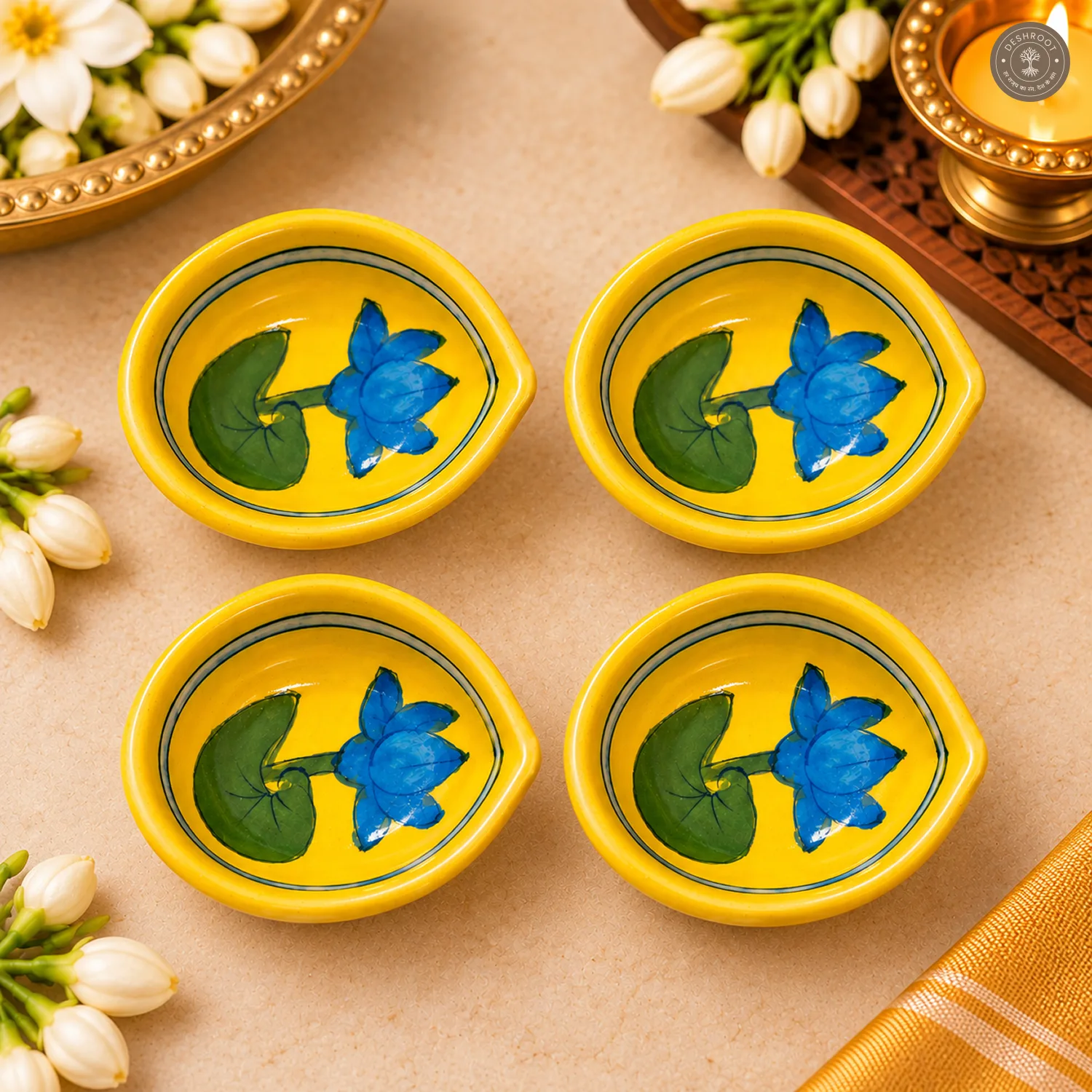 Yellow Lotus Blue Pottery Diya