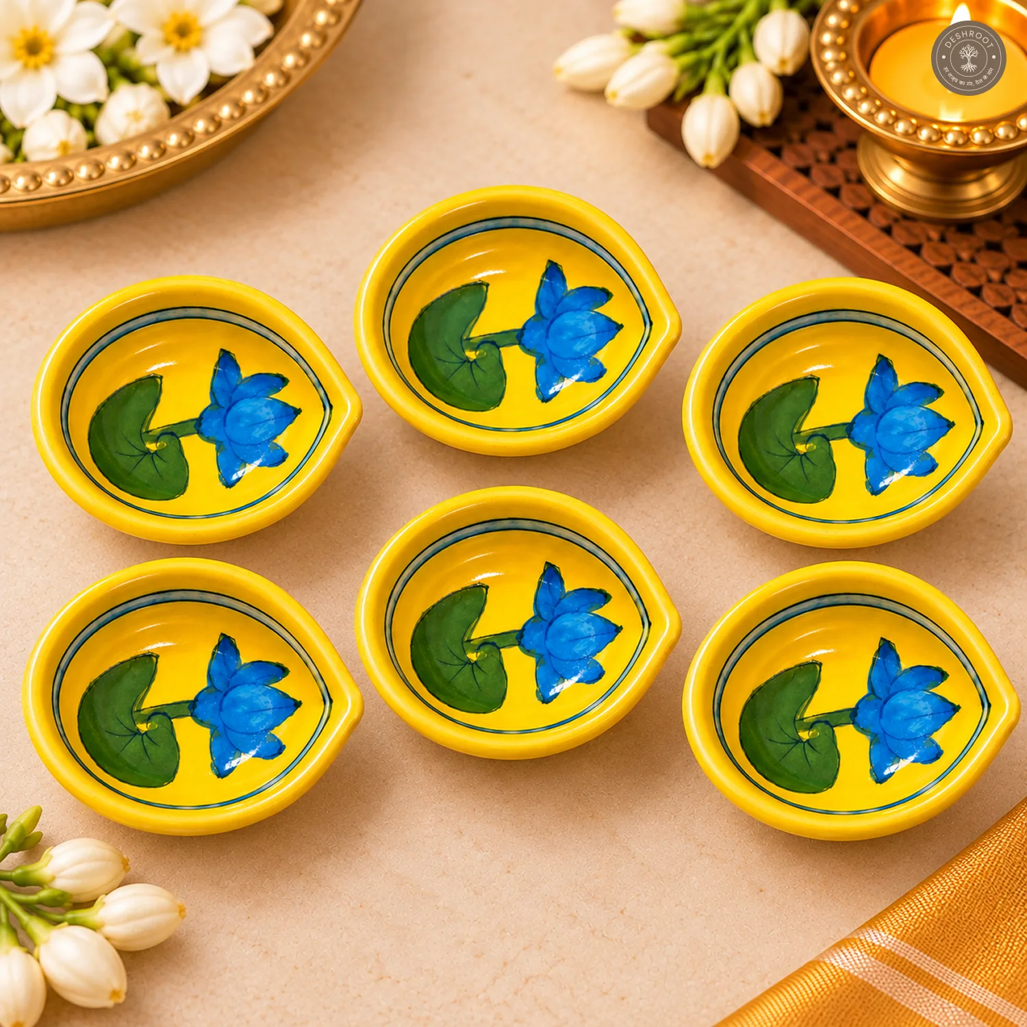 Yellow Lotus Blue Pottery Diya