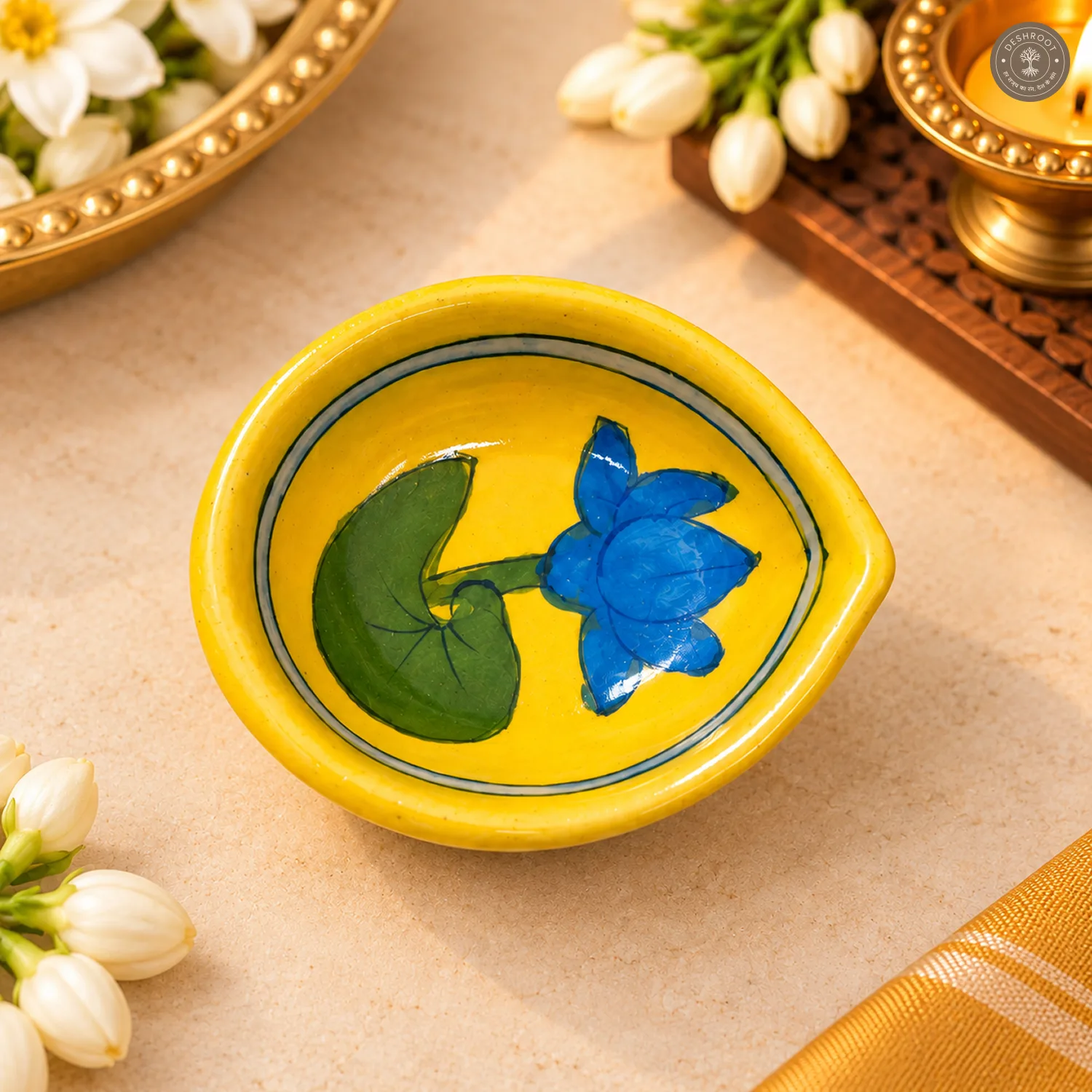 Yellow Lotus Blue Pottery Diya