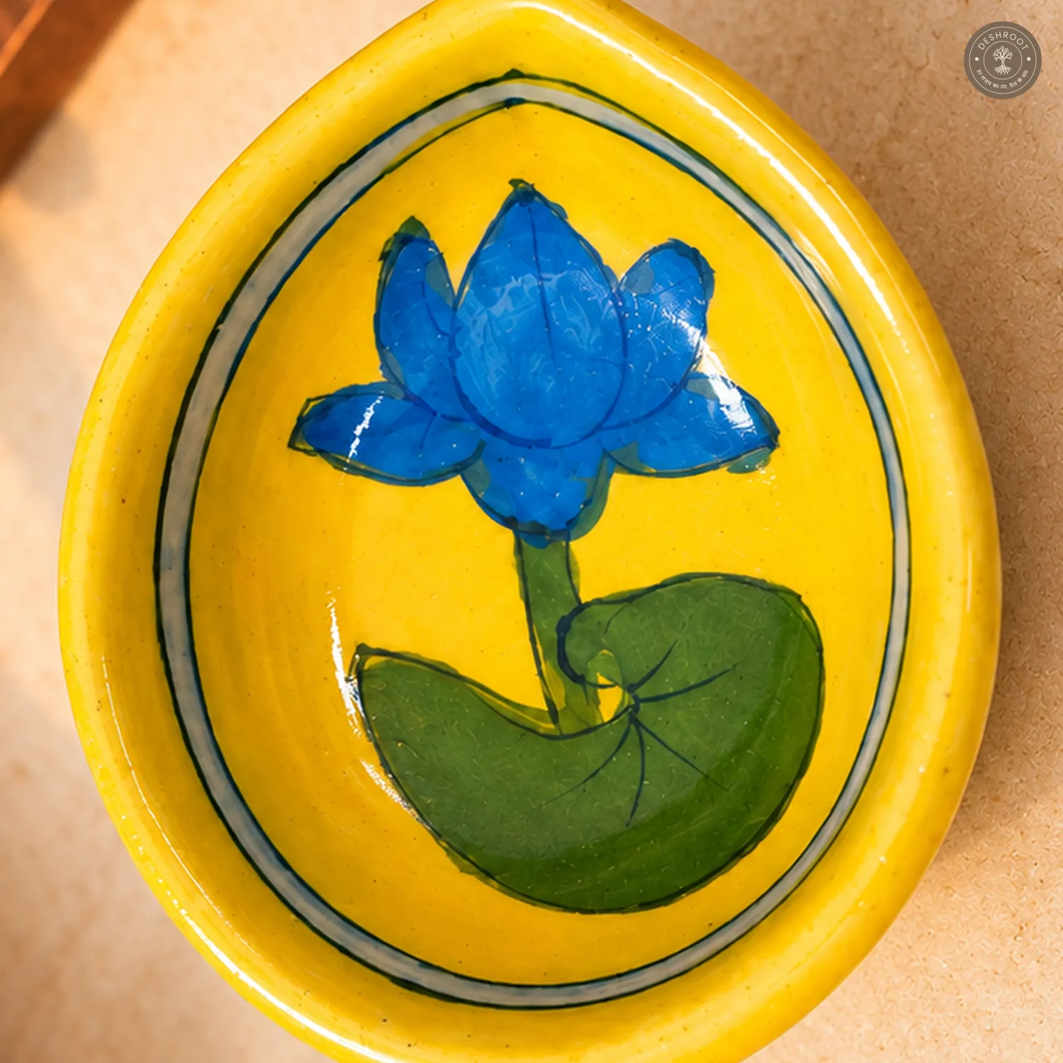 Yellow Lotus Blue Pottery Diya