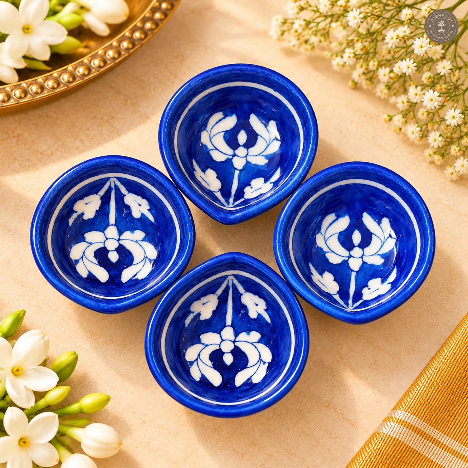 Floral Blue Pottery Diya