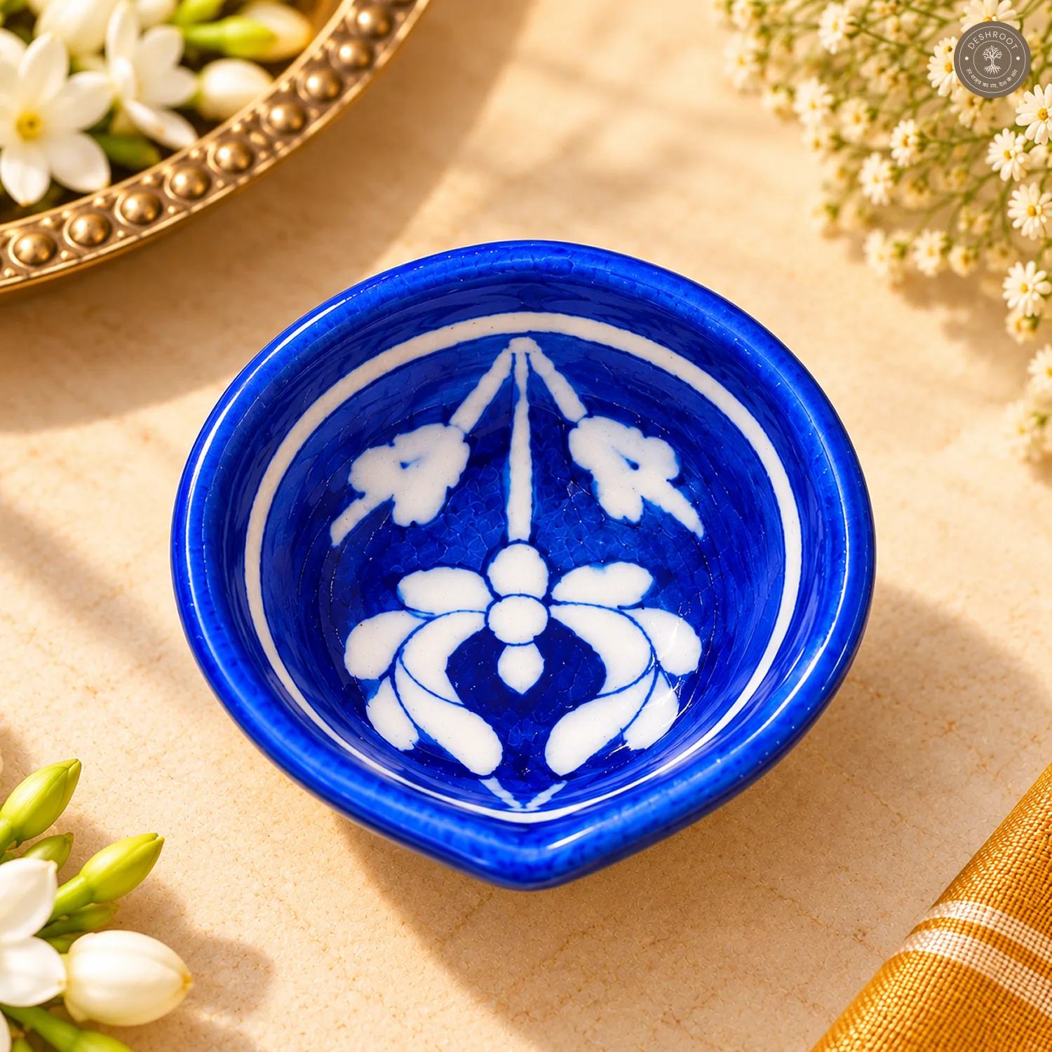 Floral Blue Pottery Diya