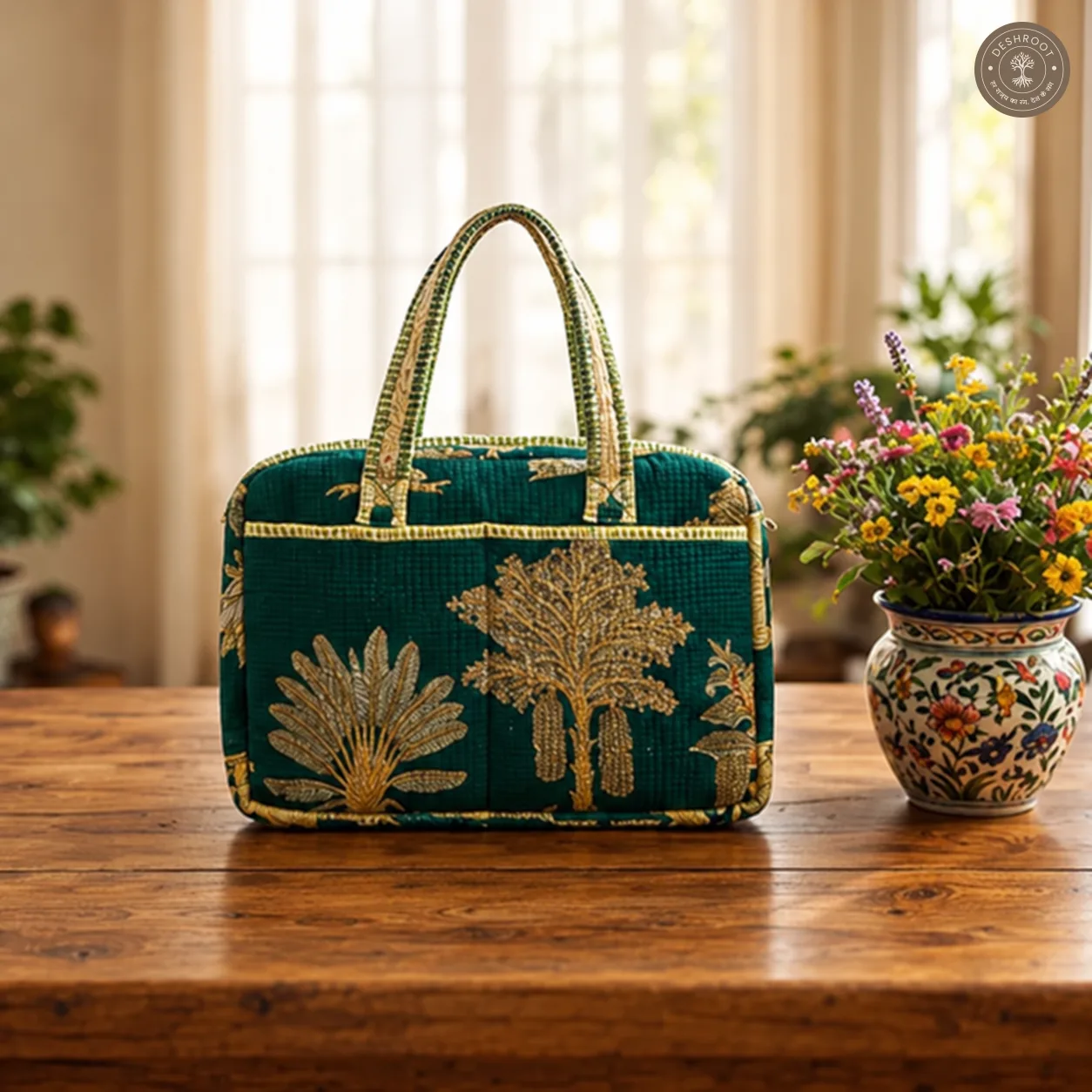 Emerald Botanical Quilted Laptop Bag – Handcrafted Green Floral Cotton Laptop Bag with 12 × 16 Inch Storage & Front Utility Pockets