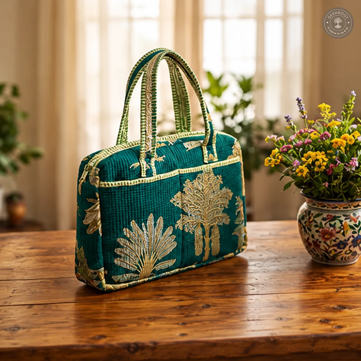 Emerald Botanical Quilted Laptop Bag – Handcrafted Green Floral Cotton Laptop Bag with 12 × 16 Inch Storage & Front Utility Pockets