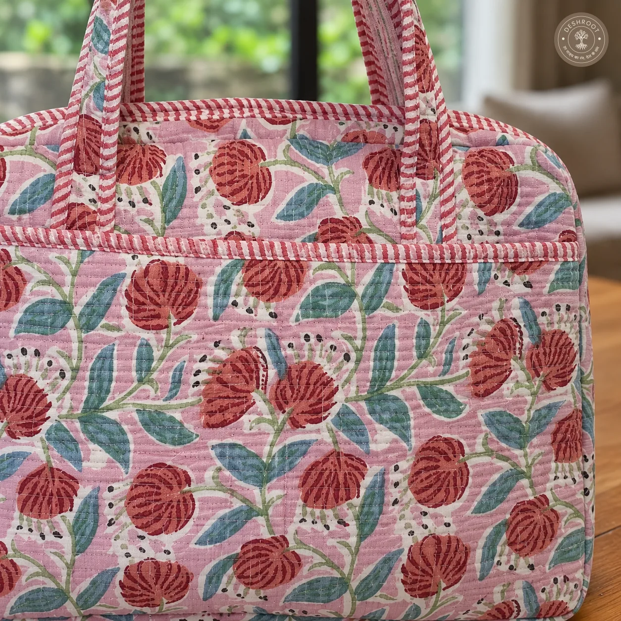 Blush Blossom Quilted Laptop Bag – Handcrafted Floral Cotton Laptop Bag with 12 × 16 Inch Storage, Front Utility Pockets & Lightweight Design