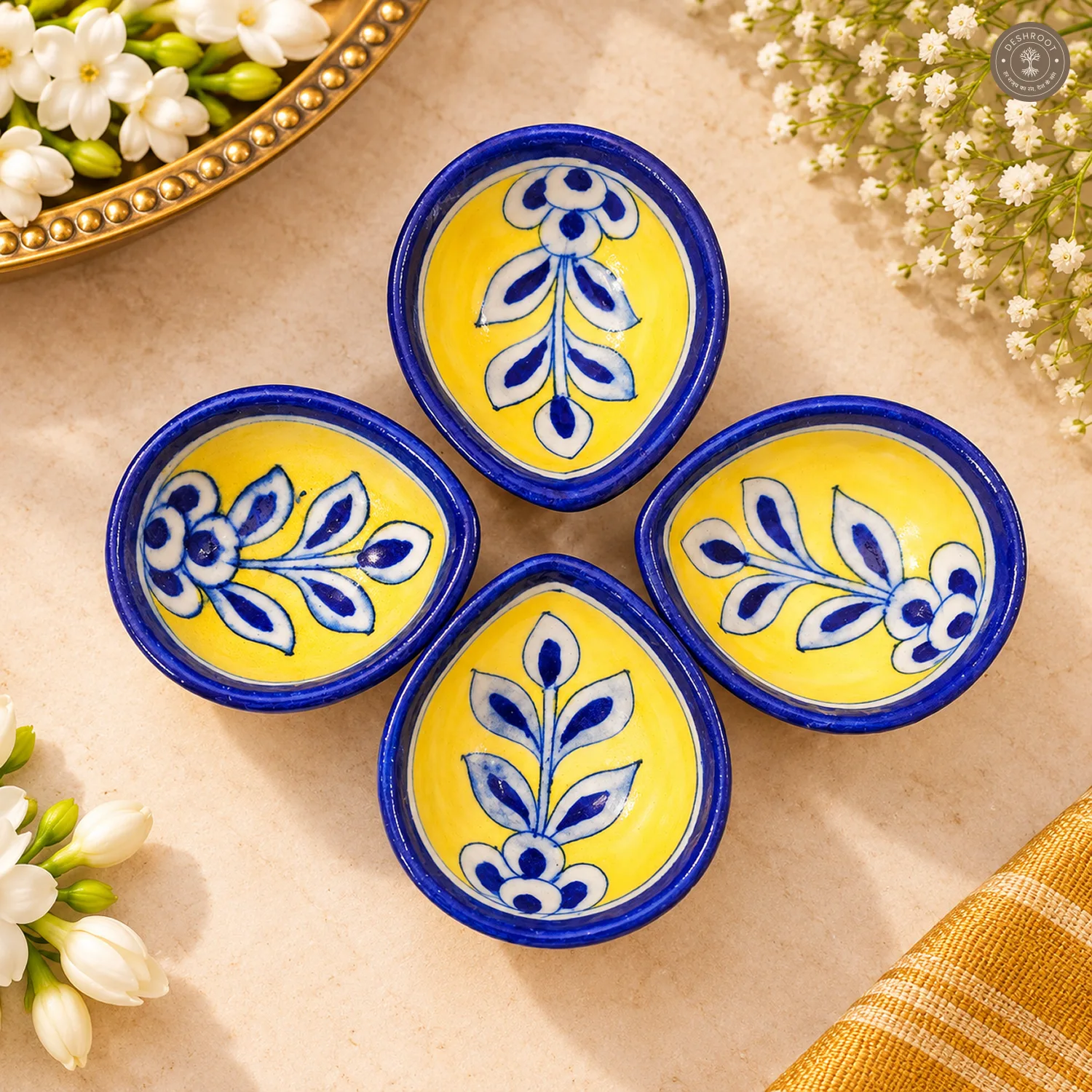 Yellow Floral Blue Pottery Diya