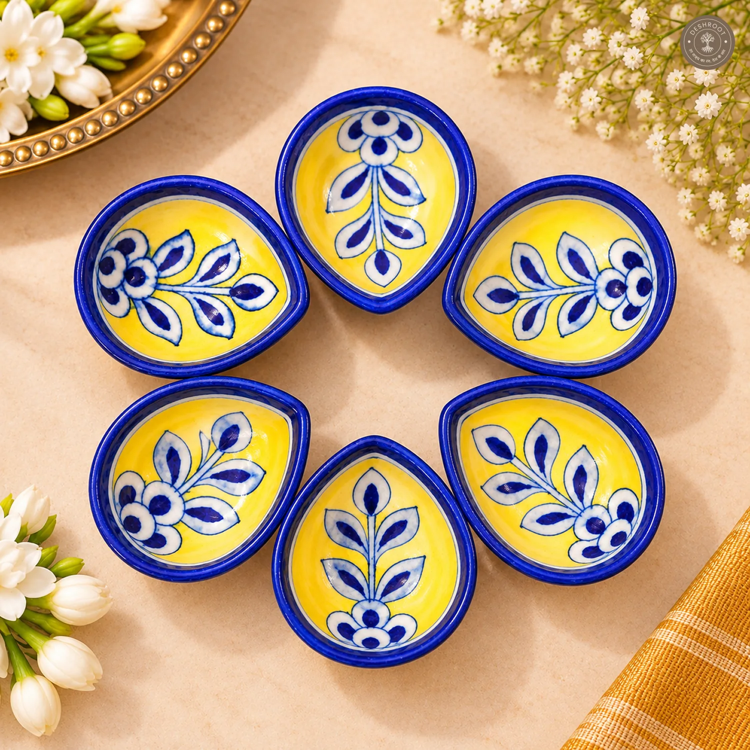 Yellow Floral Blue Pottery Diya