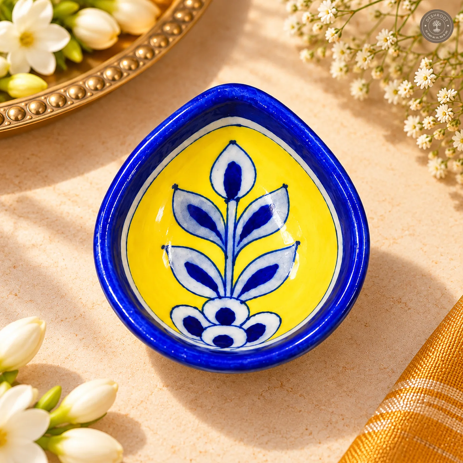 Yellow Floral Blue Pottery Diya