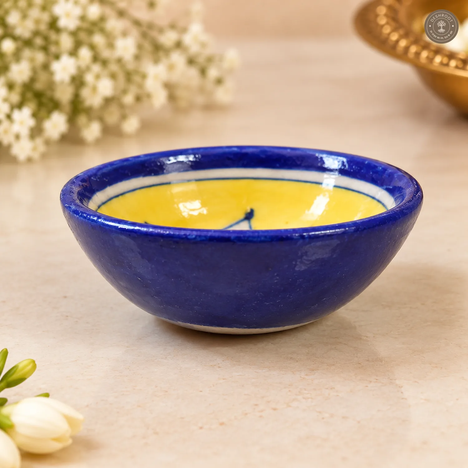 Yellow Floral Blue Pottery Diya