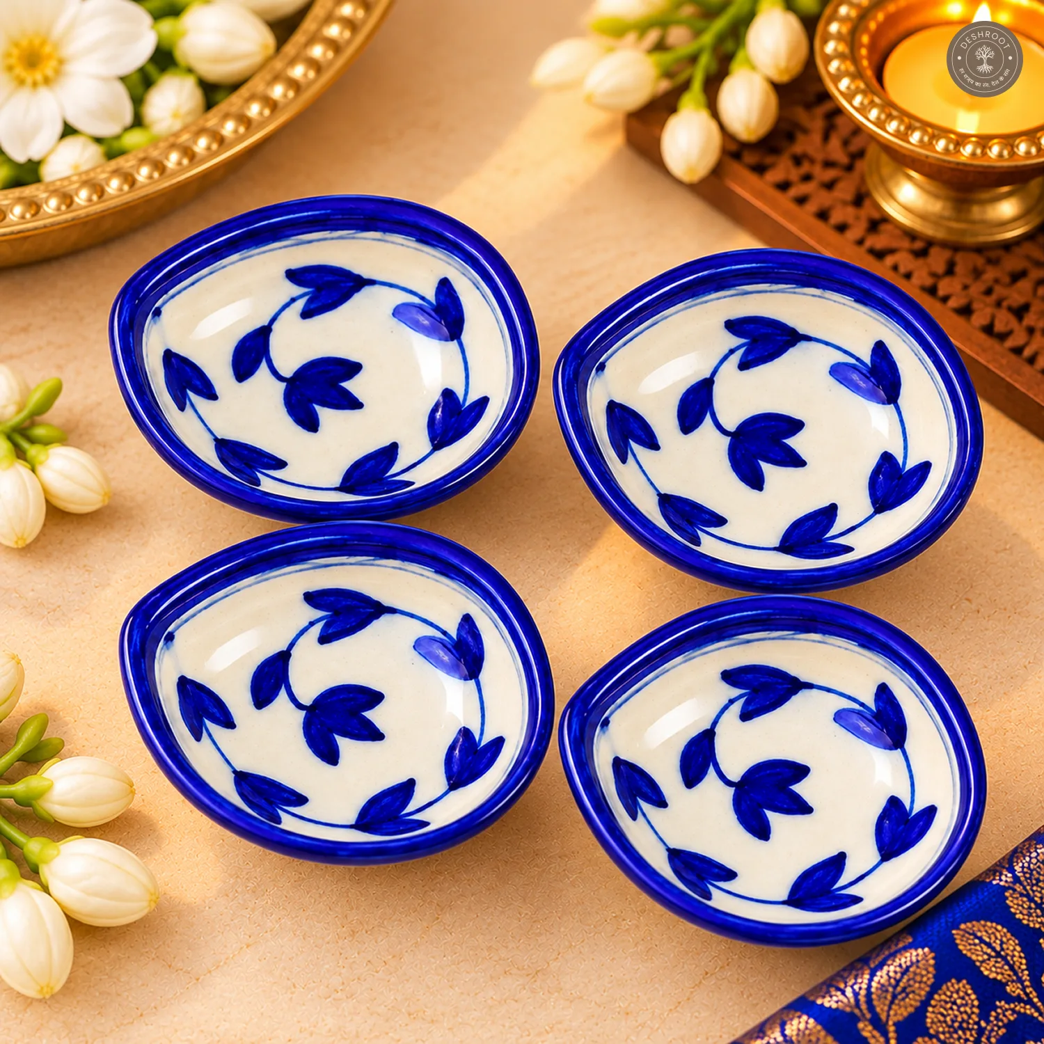 White Leafy Vine Blue Pottery Diya