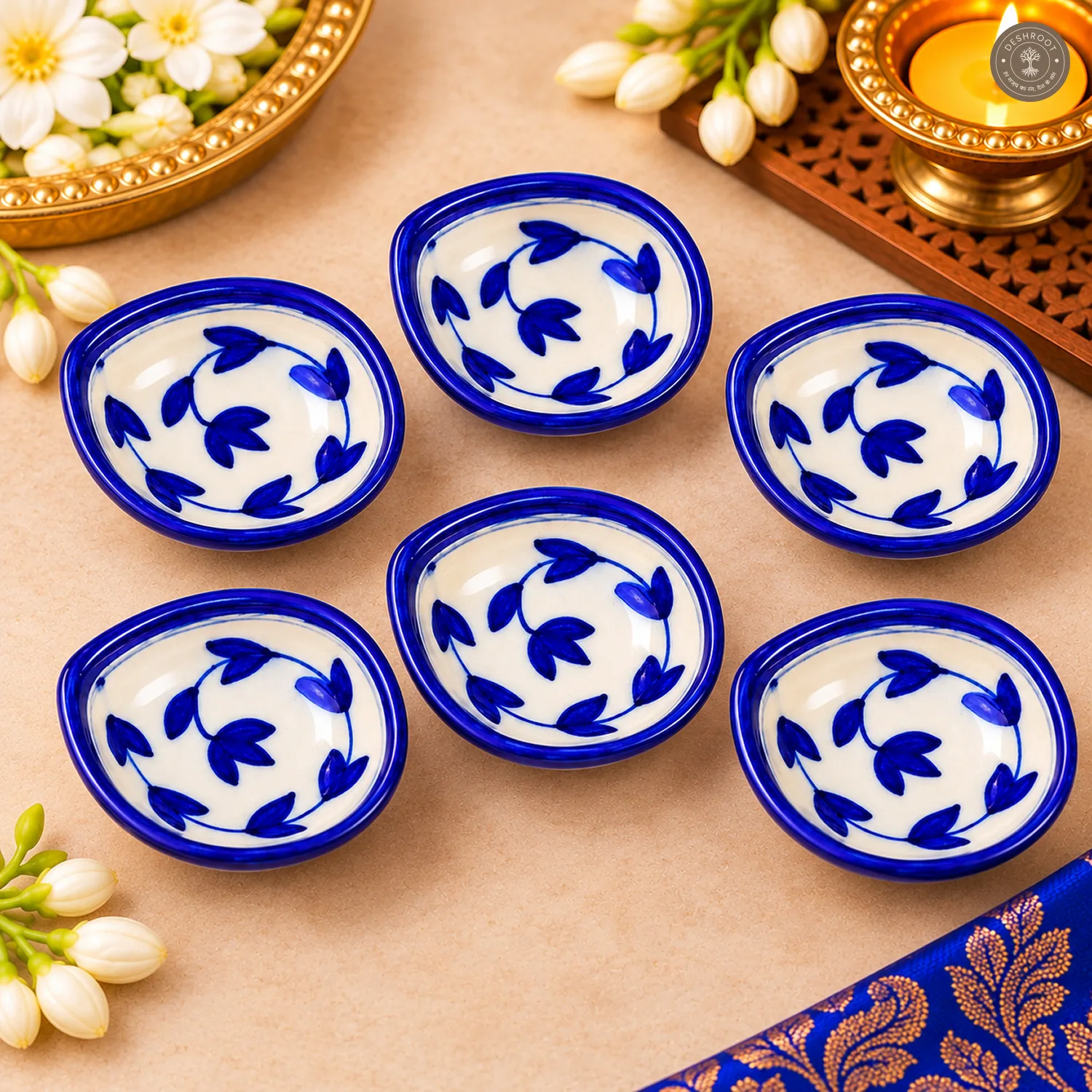 White Leafy Vine Blue Pottery Diya