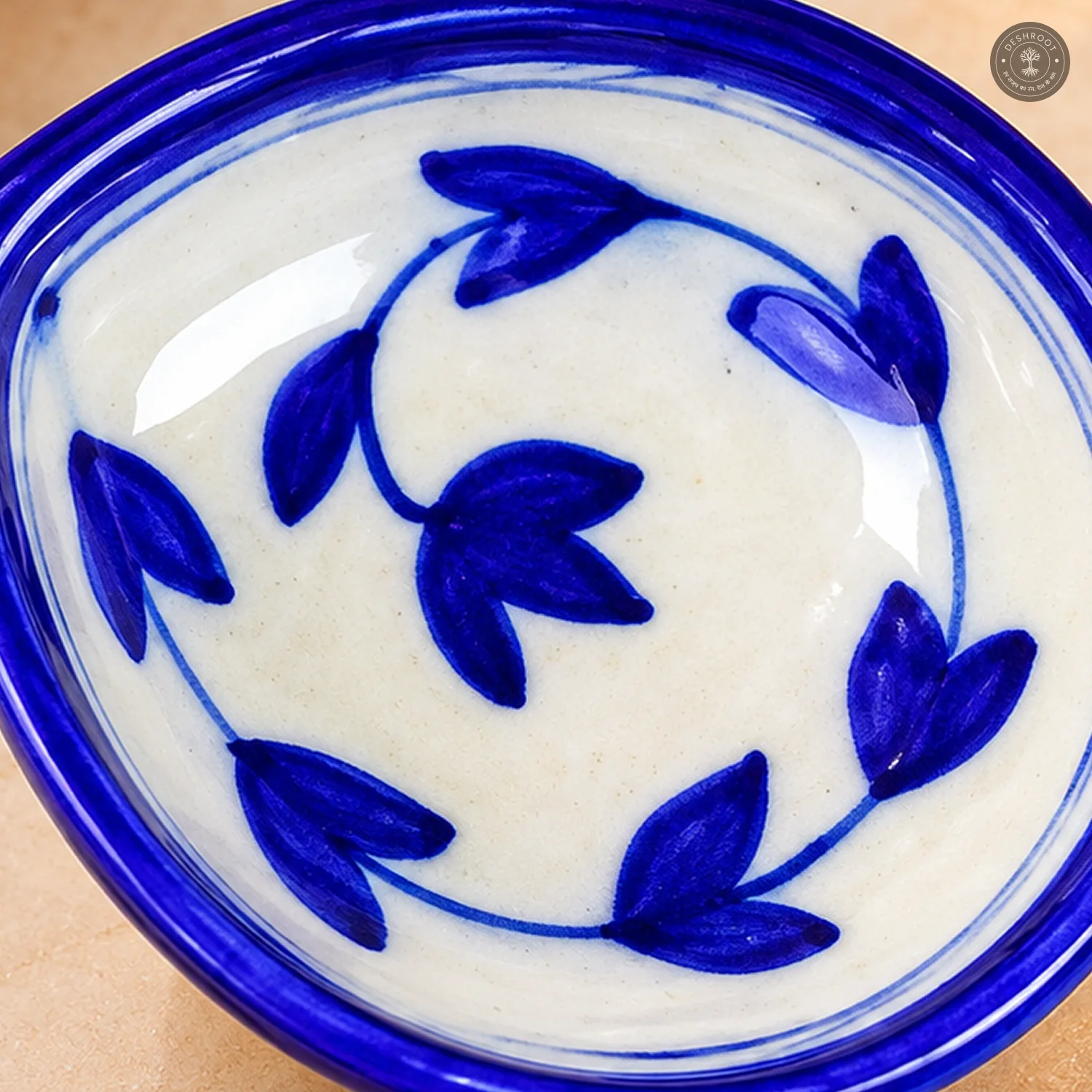 White Leafy Vine Blue Pottery Diya