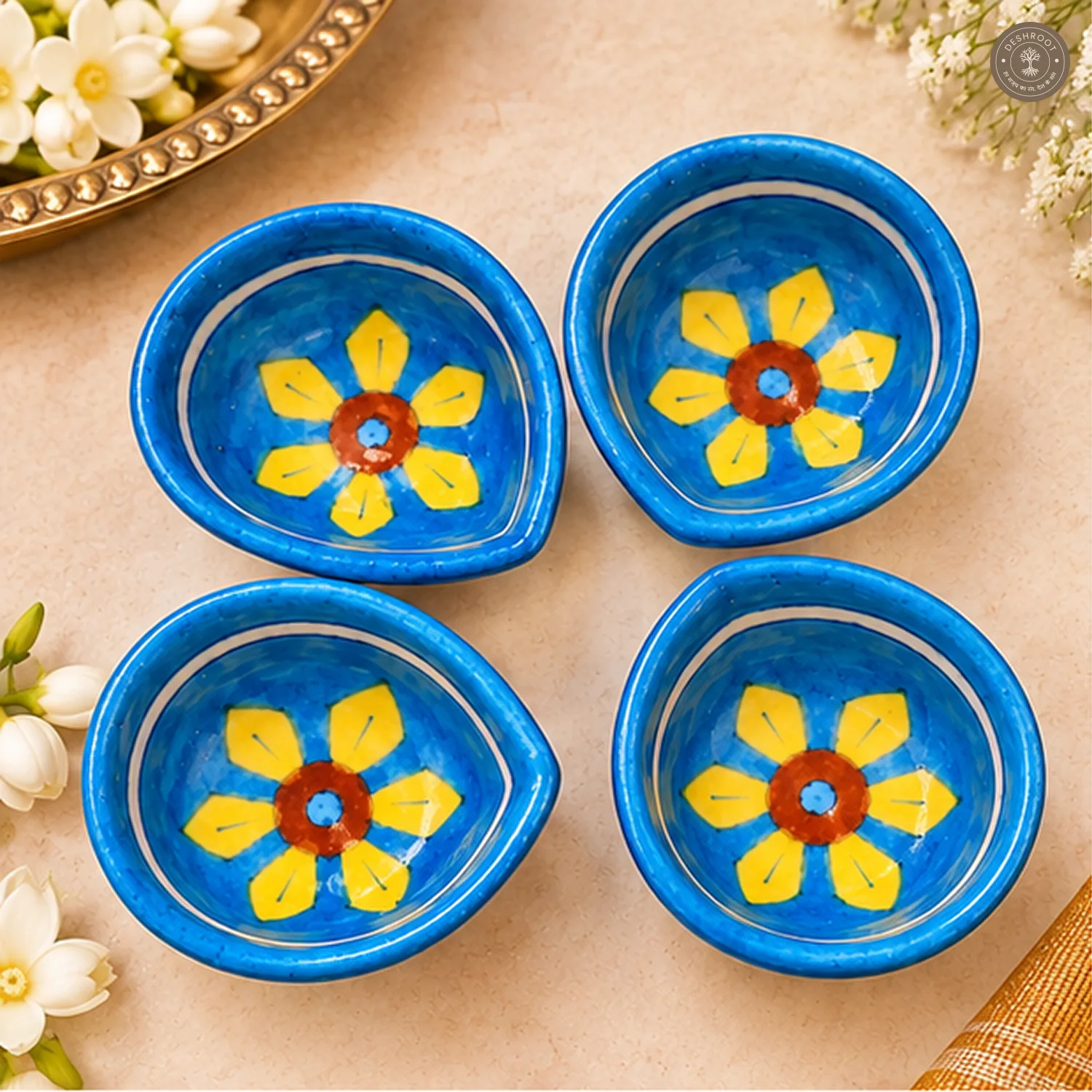 Yellow Petal Blue Pottery Diya