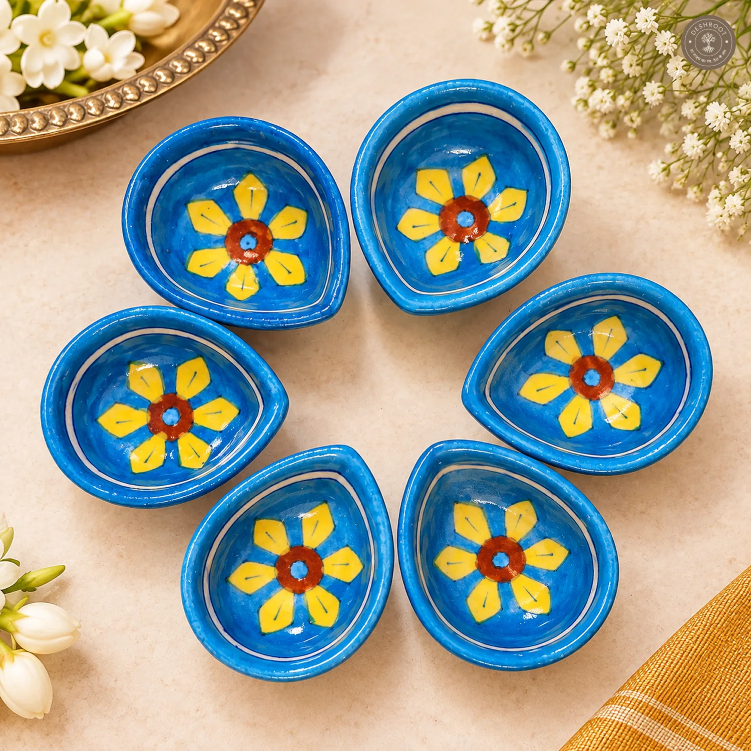 Yellow Petal Blue Pottery Diya