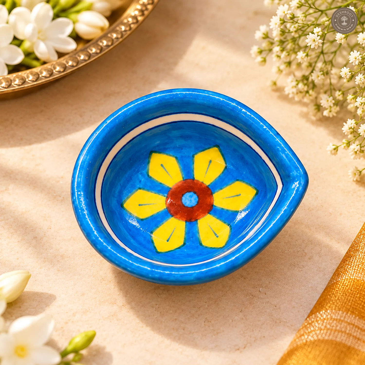 Yellow Petal Blue Pottery Diya