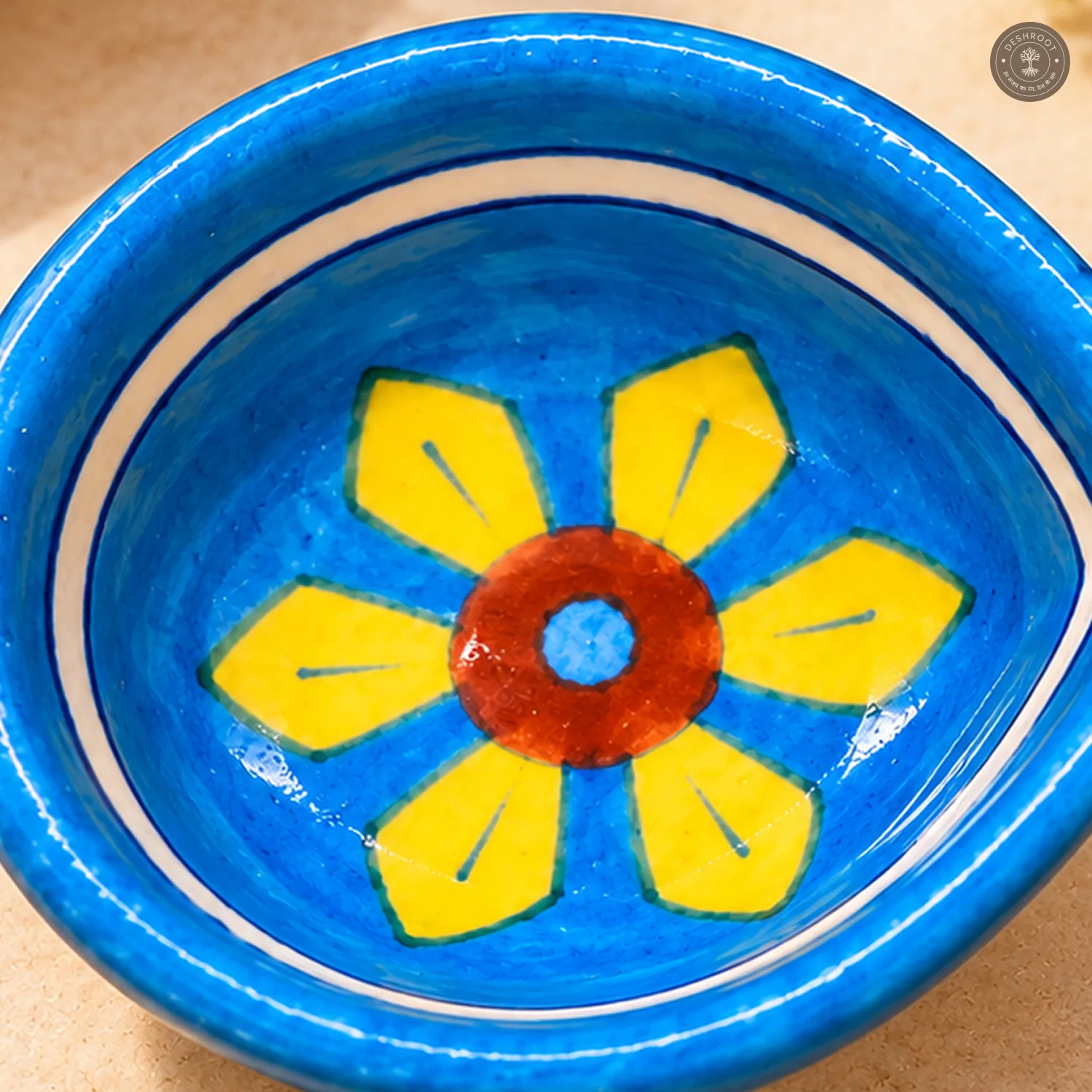 Yellow Petal Blue Pottery Diya