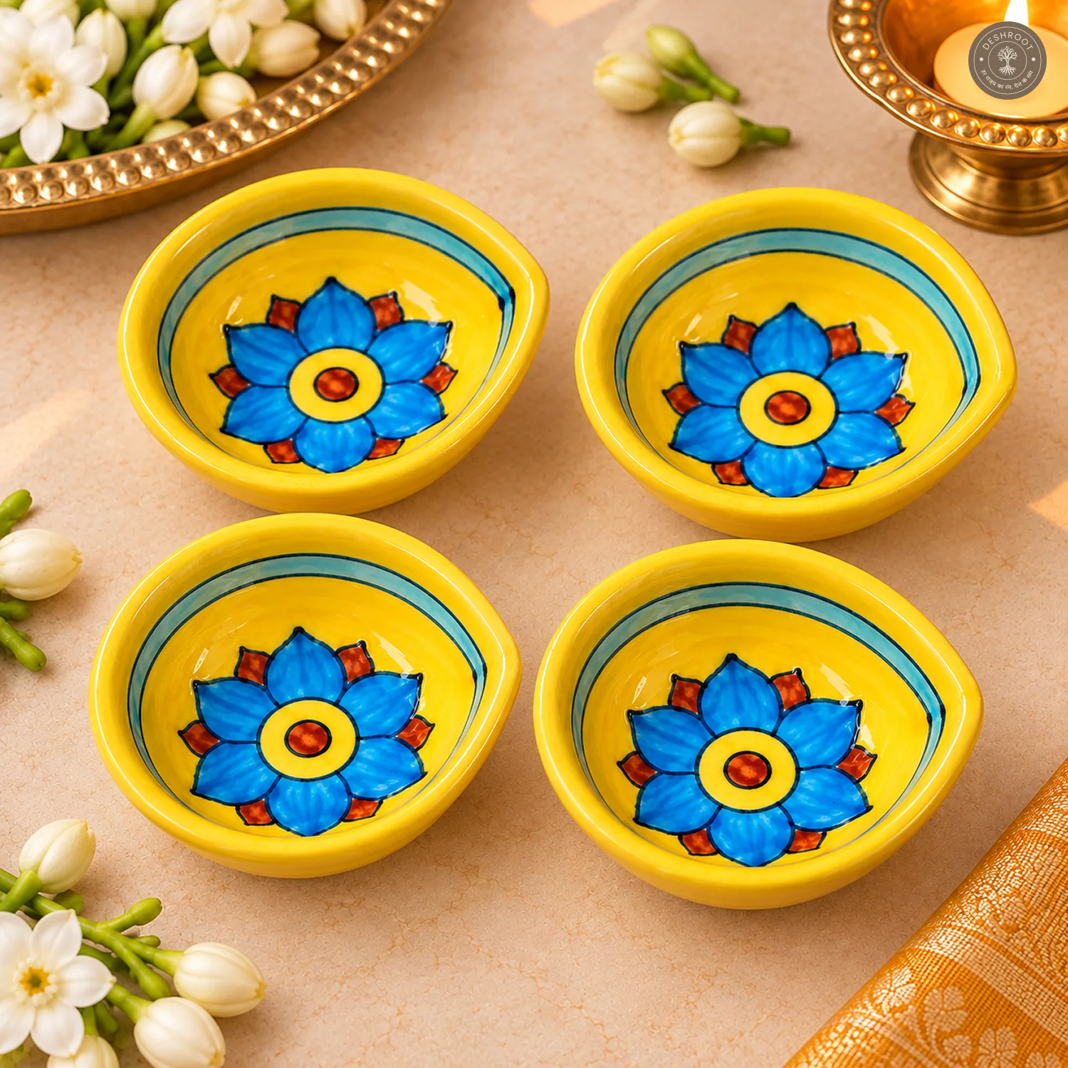Yellow Bloom Blue Pottery Diya