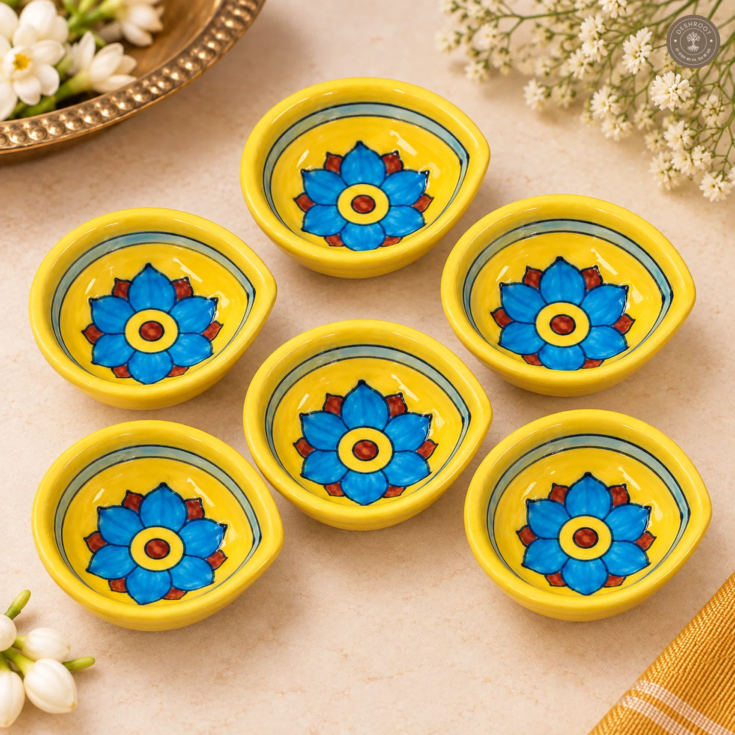 Yellow Bloom Blue Pottery Diya