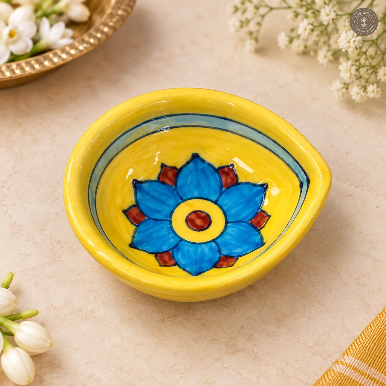 Yellow Bloom Blue Pottery Diya